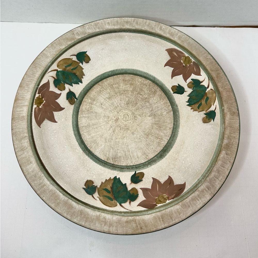 12 inch Pedestal Pottery Serving Bowl Plate Made in Denmark Leaves Brown Green